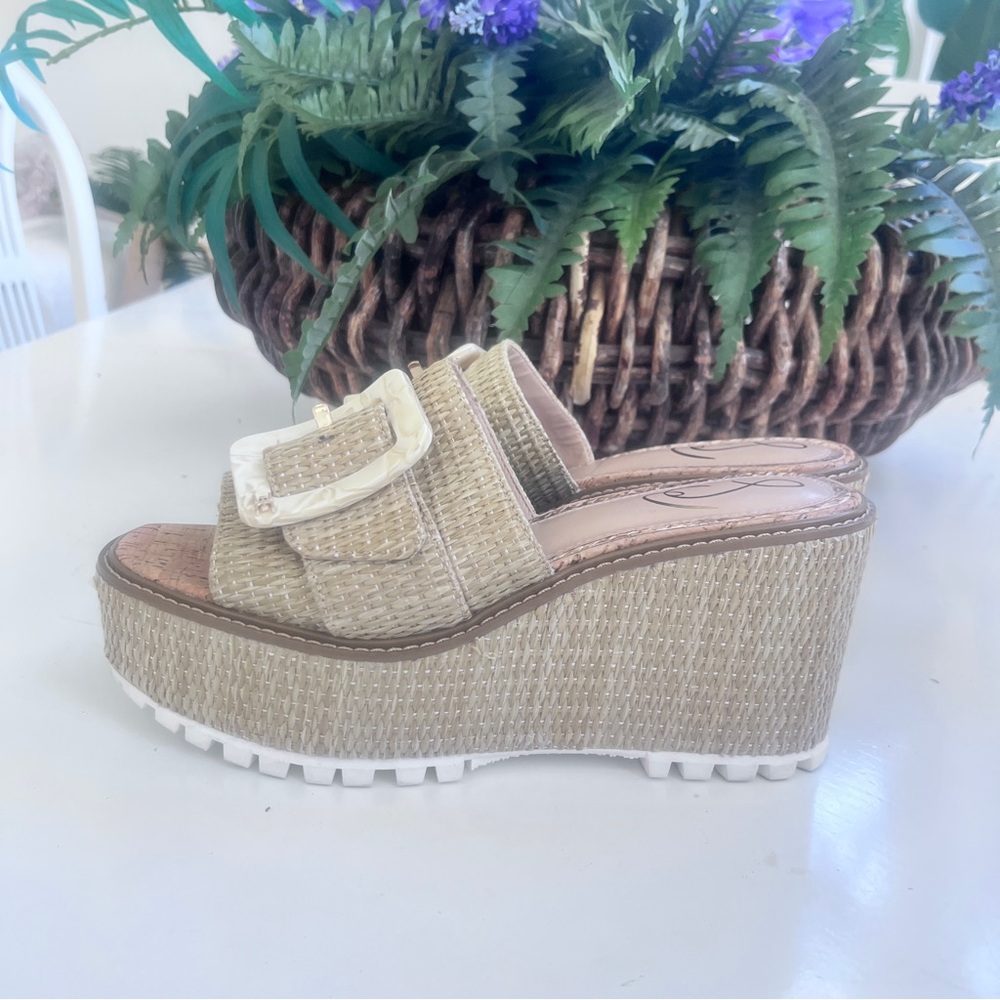 Sam Edelman Hi Wedge Platform Sandals Slides Dark Natural Raffia Sz 9 M Summer
